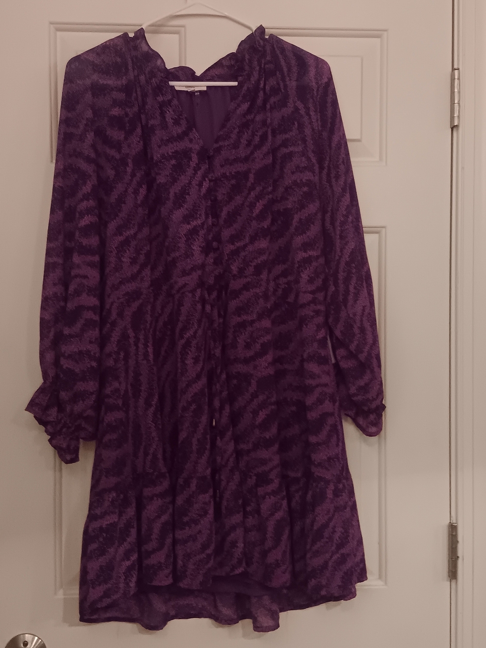 entro Purple Printed Long Sleeve Ruffle-Hem Tunic Dress With Drawstring Waist M